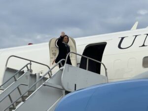 Vice President Kamala Harris waves to media as she boards her plane following a ‘canvass kickoff’ rally at Montage on Monday.
                                 Bill O’Boyle | Times Leader